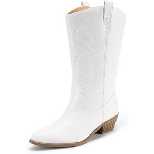 Women's White Pointed Toe Pull On Wide Calf Pu Chunky Low Heel Cowgirl Boots